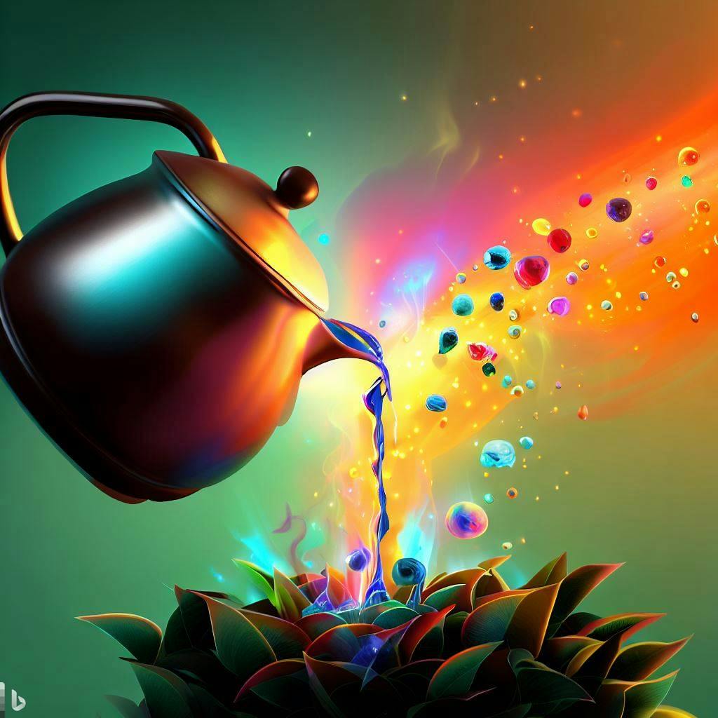An engaging image illustrating the process of steeping tea and the release of flavonoids. A teapot pours hot water onto tea leaves in a clear glass cup. Vibrant colors emanate from the leaves as they steep, while tiny antioxidant particles float in the air, symbolizing the protective properties of tea.
