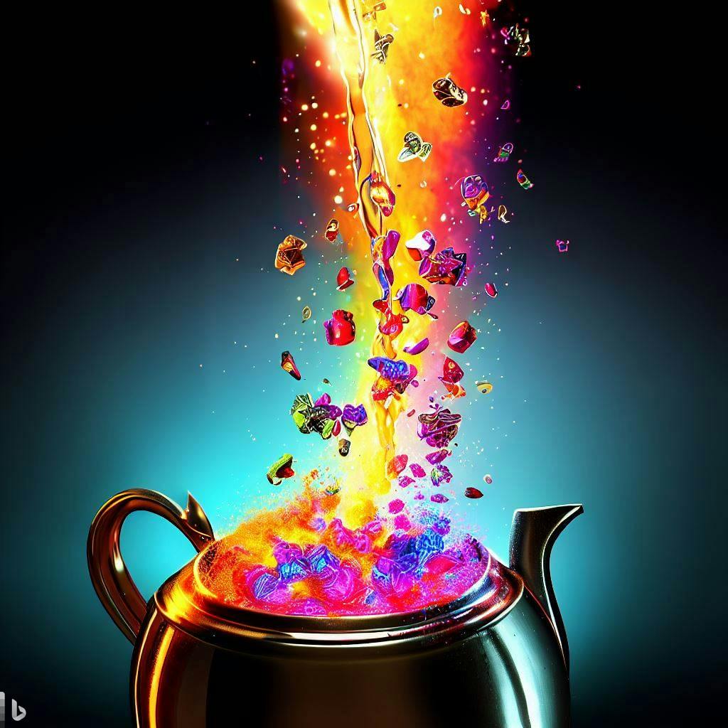 An engaging image illustrating the process of steeping tea and the release of flavonoids. A teapot pours hot water onto tea leaves in a clear glass cup. Vibrant colors emanate from the leaves as they steep, while tiny antioxidant particles float in the air, symbolizing the protective properties of tea.