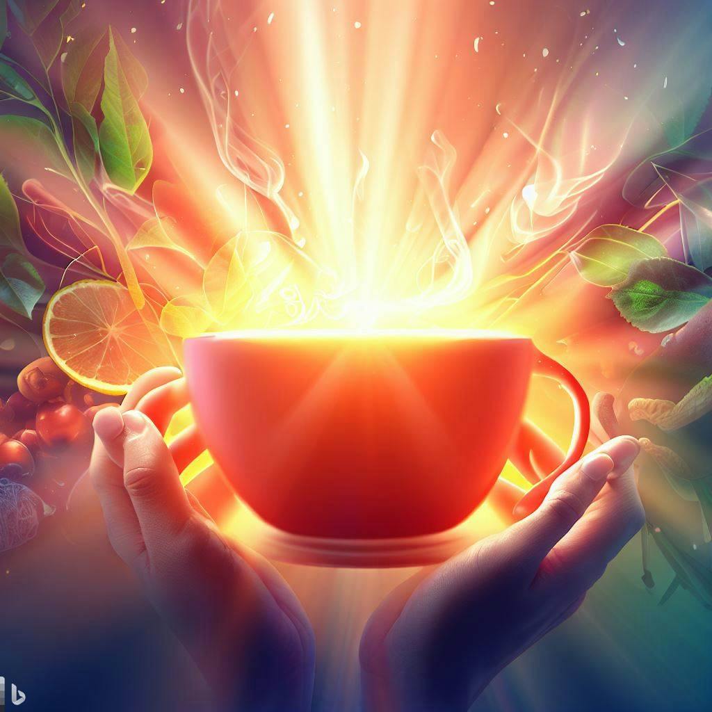A serene image featuring a person holding a cup of steaming tea. Rays of light radiate from the cup, enveloping the individual in a warm, soothing glow. Vibrant elements like leaves, fruits, and a lively backdrop convey the comprehensive wellness benefits of tea.
